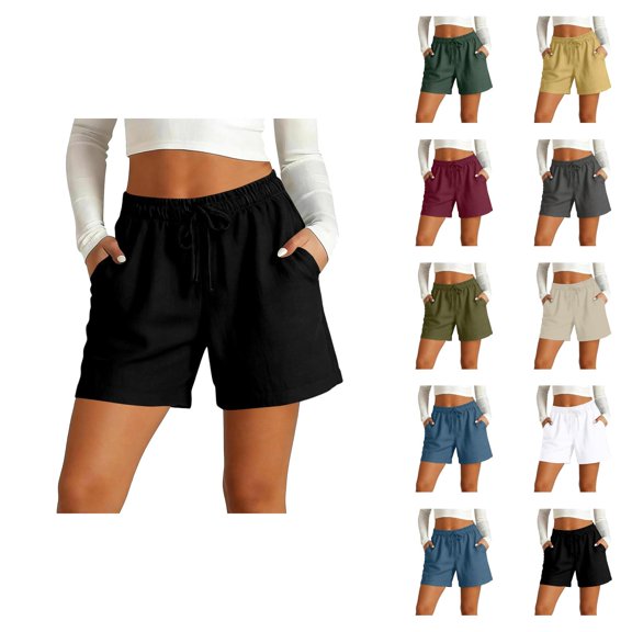 Linen Shorts for Women Summer Casual Elastic High Waist Wide Straight Leg Loose Fit Beach Shorts with Pockets