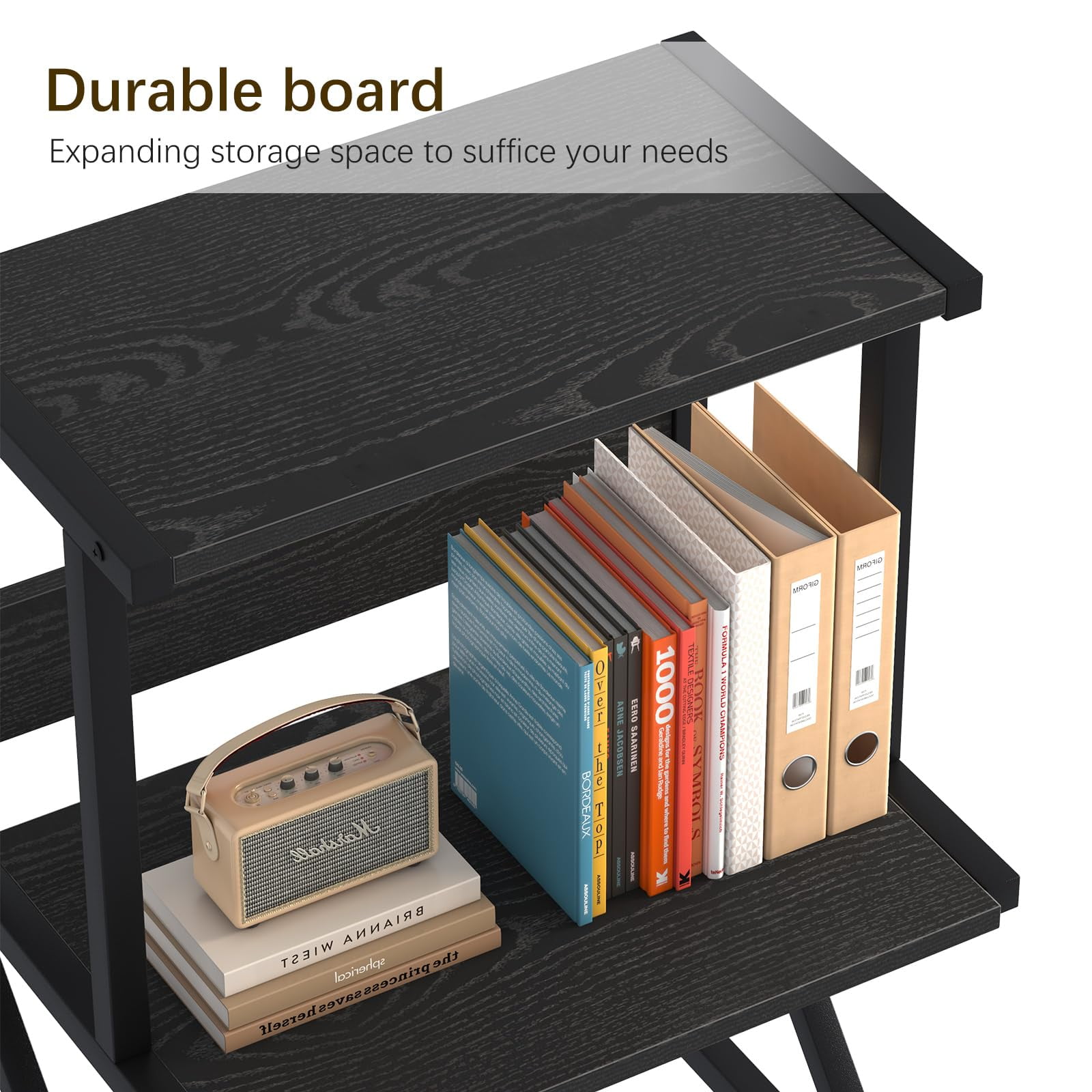 Desktop Printer Stand with 3 Tier Wood Storage Shelves,Under Desk Printer Table,Multi-Purpose Home Office Desk Organizer for Fax Machine, Scanner (Black)