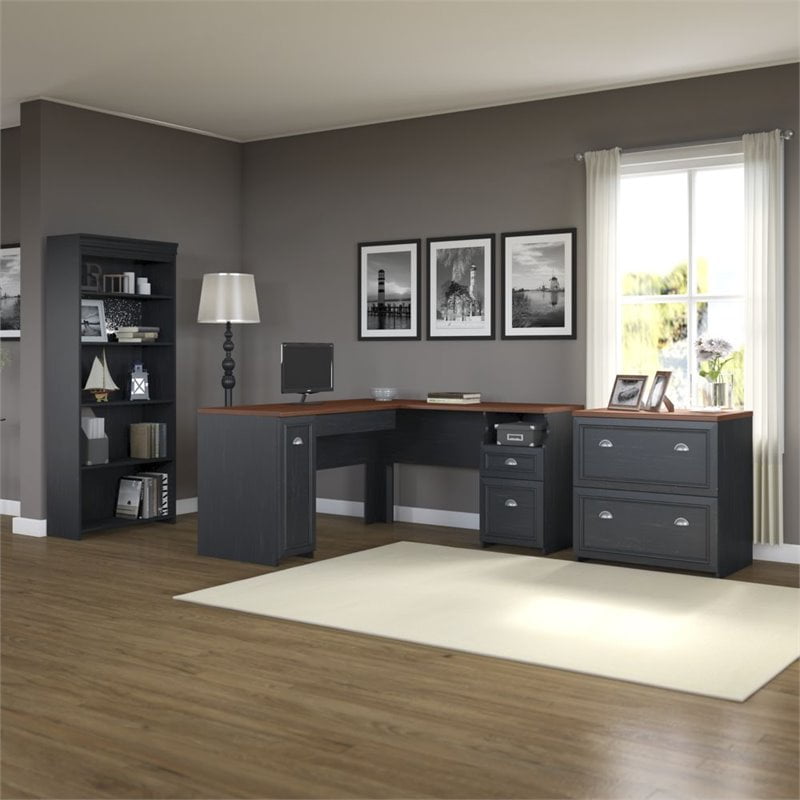 Fairview L Shaped Desk with Bookcase and Lateral File in Black