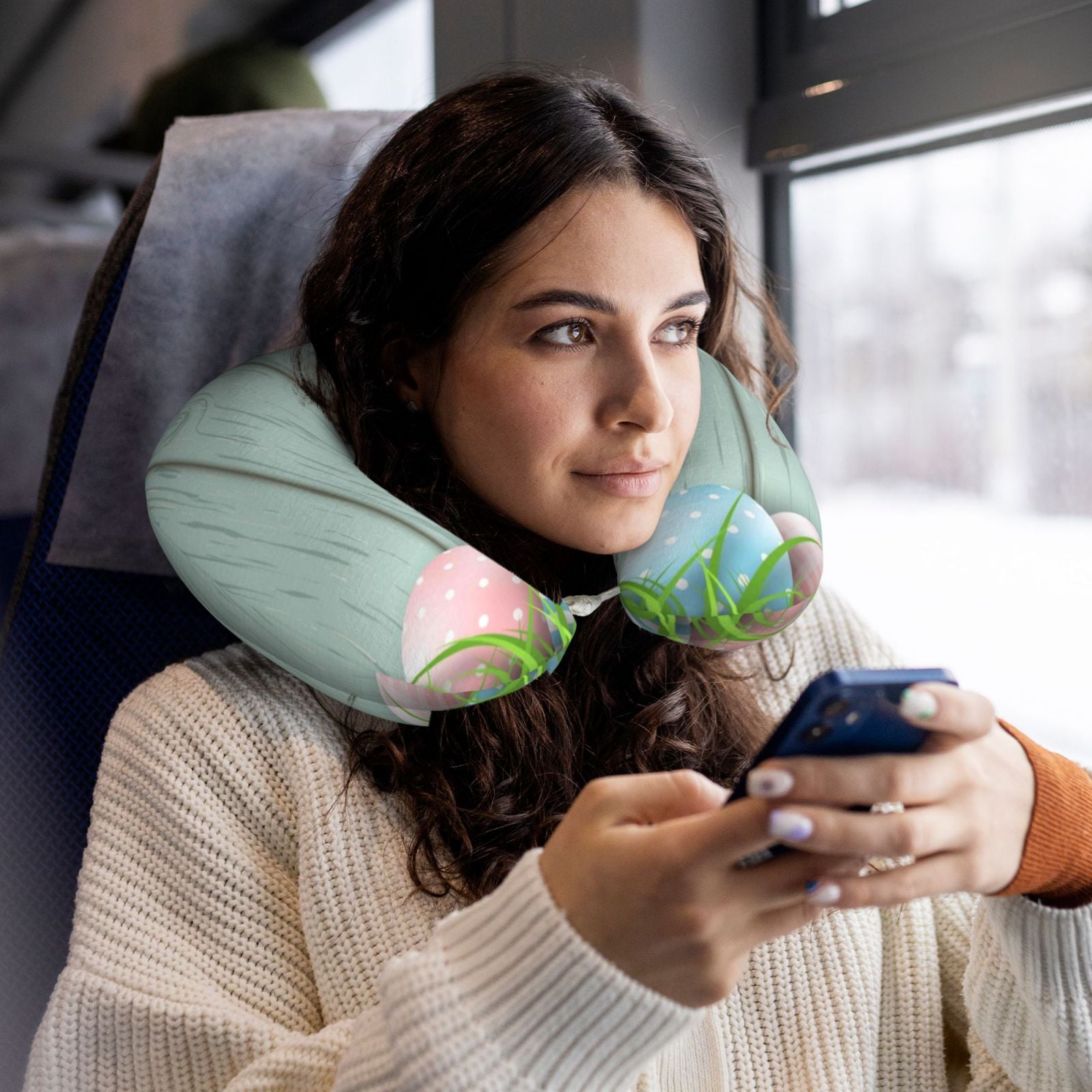 Xecao White Bunny Bottom And Easter Eggs Print Memory Foam Cervical Neck Pillow Versatile U-Shaped Pillows for Home,Office,Camping,Travelling,Soft Washable Cover