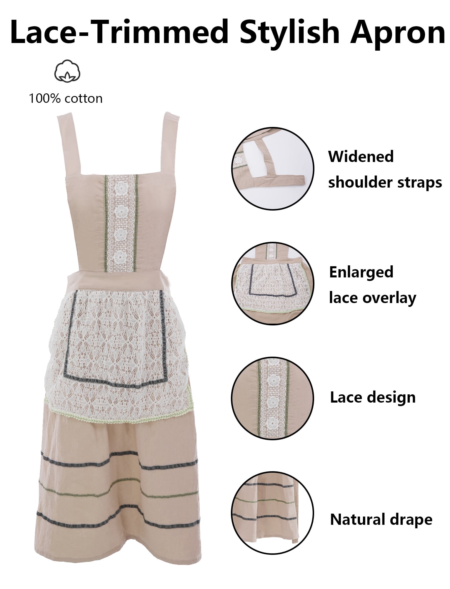 FEOYA Women’s Apron Kitchen Cotton Apron Pinafore Cooking Apron Lace Cute aprons Dress Loose Smock for Gardening Chef Baking Art Painting Brown