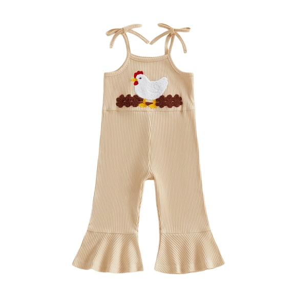 BemeyourBBs Toddler Baby Girl Cowgirl Outfit Western Baby Girl Summer Clothes Rooster Cow Romper Overalls Sleeveless Tie Shoulder Strap Farm Animal Embroidery Jumpsuit Bell Bottoms Flare Pants