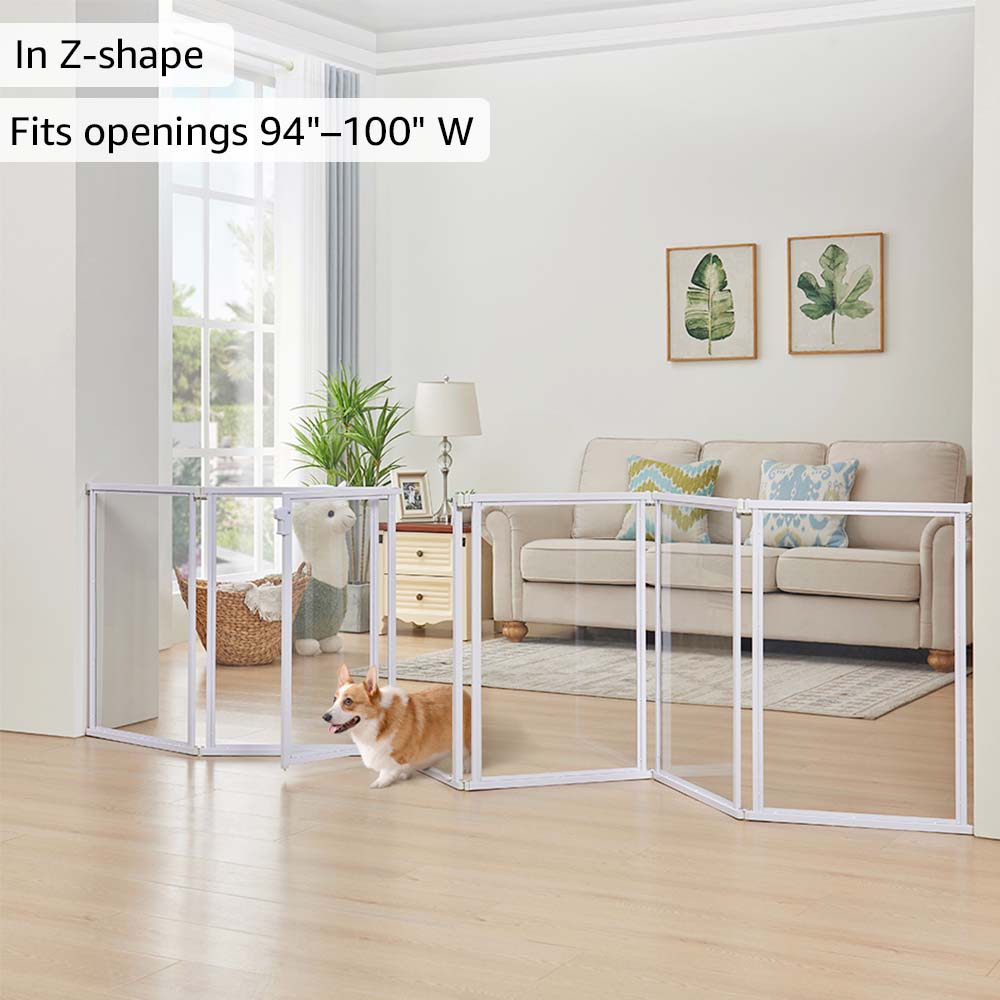 Unipaws Clear Acrylic Transparent Dog Playpen, 125” Extra Wide 6 Panels Freestanding Walk Through Dog Gate