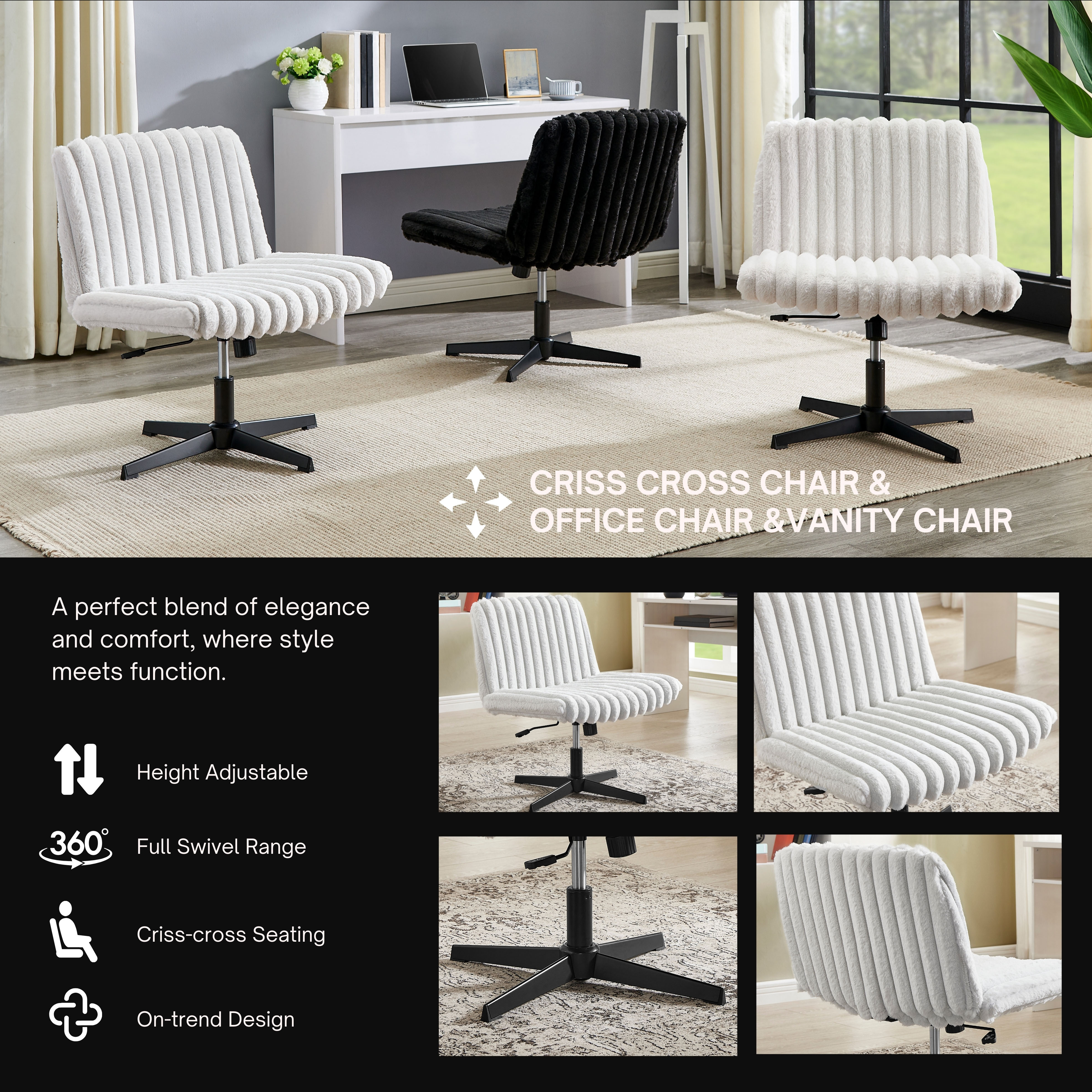 CQSXDA Wide Seat Adjustable Swivel Criss Cross Chair, for Office and Vanity Use, Ergonomic Design