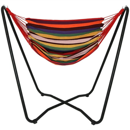 Sunnydaze Hanging Rope Hammock Chair Swing with Space Saving Stand, Sunset - For Indoor or Outdoor Patio, Yard, Porch, and Bedroom