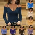 thumbnail image 6 of Women's Long Sleeve Tops Cold Shoulder V Neck Tunic Trendy Pullover Shirts Casual Solid Color Blouses Light Blue,3XL, 6 of 6