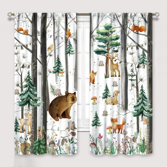 YCness Rideaux Imprimés Aquarelle Renard Élan Ours Forêt pour Chambre de Bébé Salon, Ensemble de 2 Panneaux de Rideaux Rustiques Animaux Sauvages, 42x45 Pouces