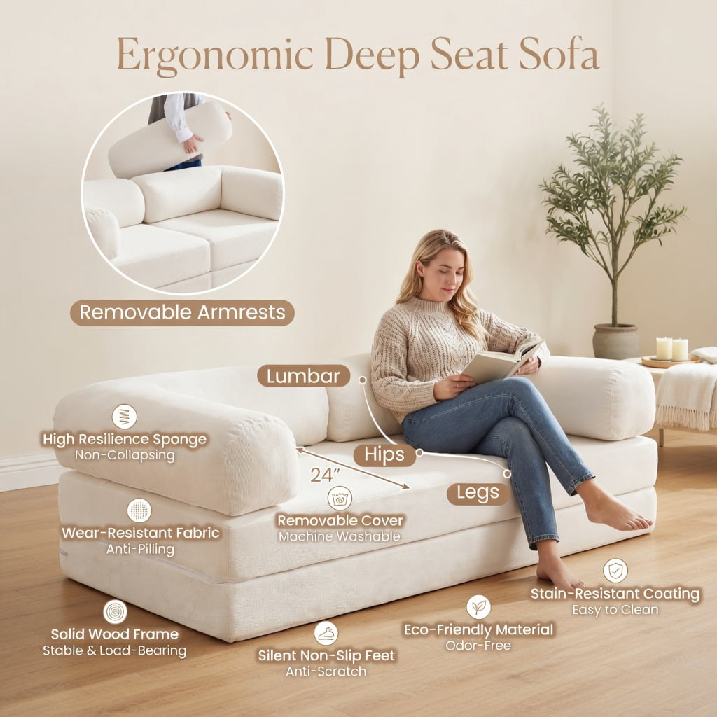 Hommoo 4-in-1 Convertible Folding Sofa Bed, Corduroy Futon with Removable Armrests, Floor Lounger & Compact Space-Saving Sleeper, Beige