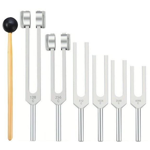 Chakra Tuning Forks for Healing, 7-Piece Tuning Fork Set with High-Precision Frequencies, Multiple Frequencies Labeled in Hertz, Aluminum Alloy, Wood Striker Included