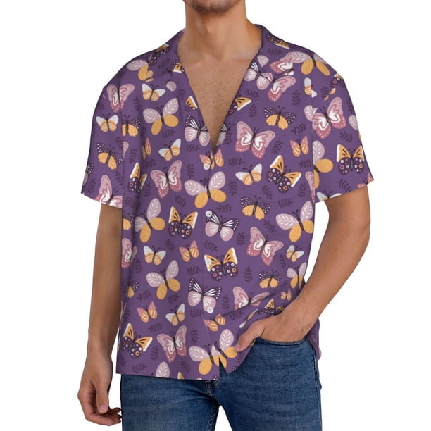 Balery Butterflies And Floral Camisa Casual de Manga Corta con Botones para Hombre, Texturizada, Estilo Cubano, para Playa, Verano-Medium