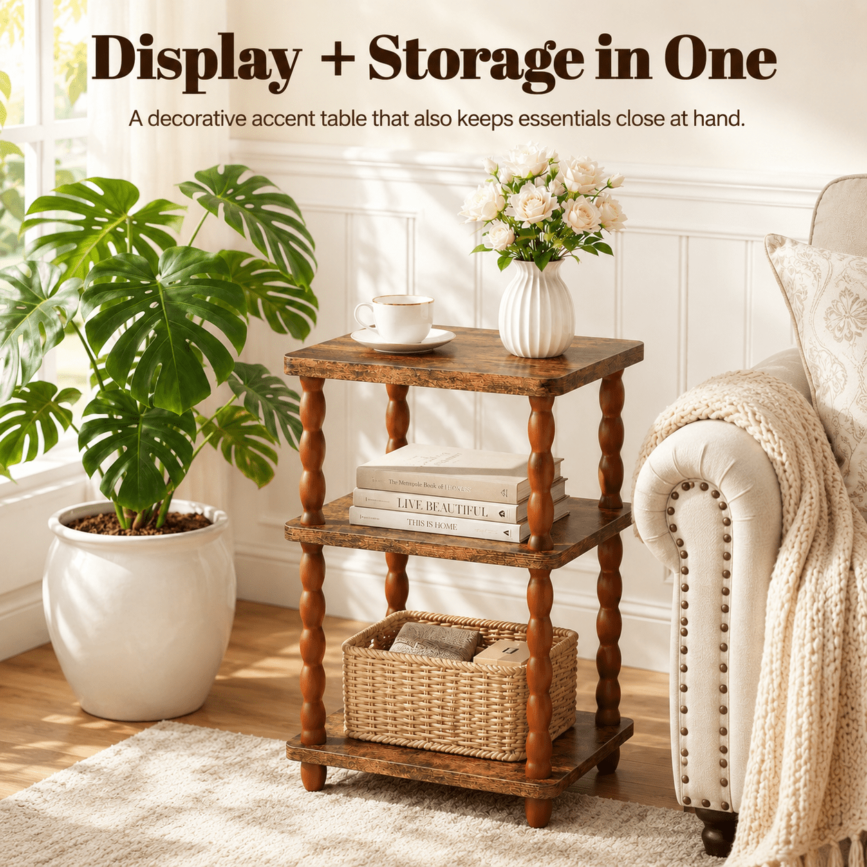 MEHOOM 3-Tier Side Table, Nightstand with Storage, Vintage Accent Table Small End Table for Living Room and Bedroom