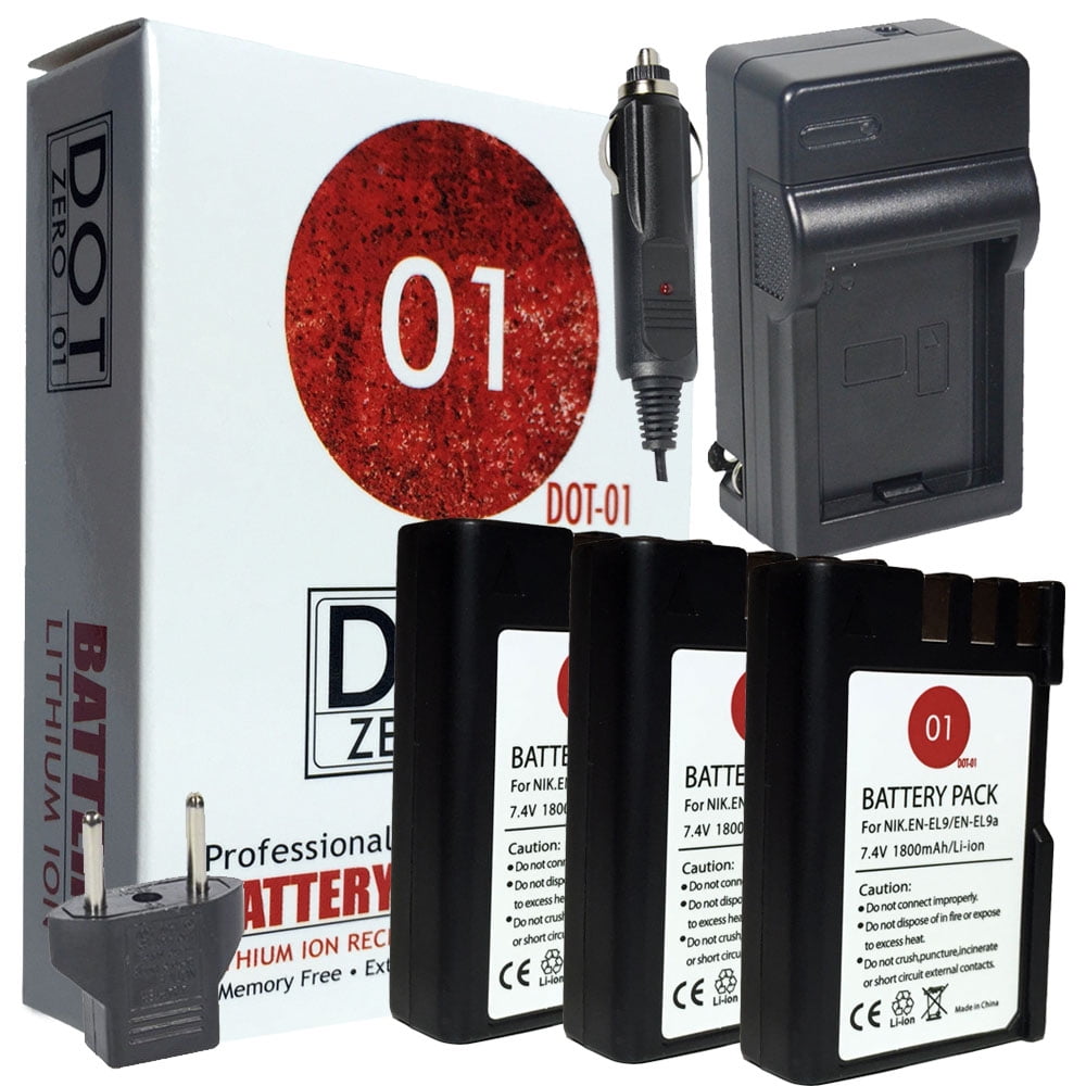 3x DOT01 Brand 1800 mAh Replacement Nikon ENEL9 Batteries and Charger