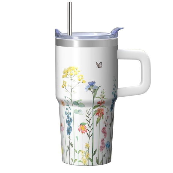 Vintage Chinoiserie 20oz Tumbler with Handle & Straw Lid, Floral Insulated Travel Coffee Cup, Gift for Women