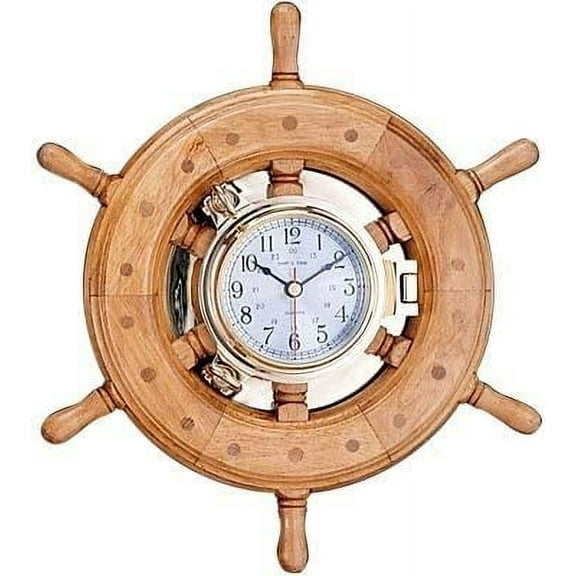 18" Wooden Ship Wheel Mounted With Solid Brass Porthole Time Clock | Nautical Wall & Home Decor Ideas | Vintage Retro Ideas | Premium Lavish Maritime Gifts | Room Hanging Decorative Sculptures