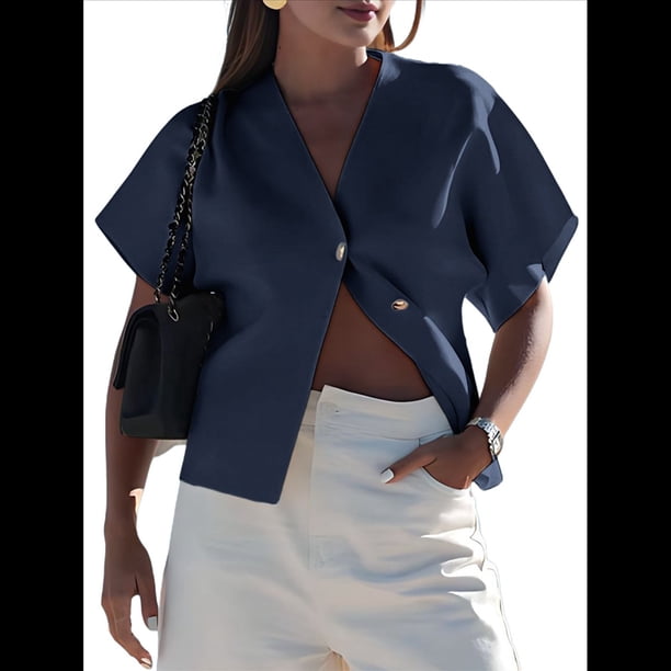 Cárdigan Holgado de Corta para Mujer, Ligero, con Botones y Cuello en V, Informal, de Punto, para Exteriores. Azul Marino M