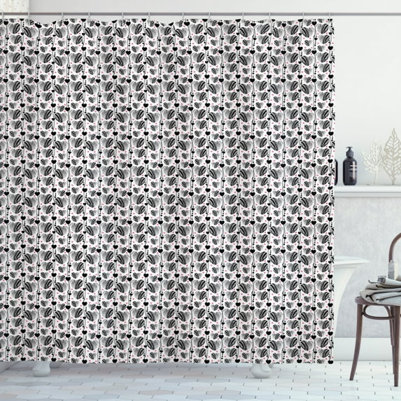 Valentines Day Shower Curtain, Romantic Modern Pattern with Striped Black and Pink Hearts and Lines, Fabric Bathroom Set with Hooks, 69W X 70L Inches, Black Pink White, by Ambesonne