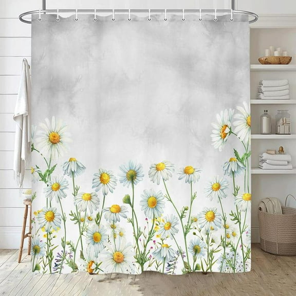 Daisy Shower Curtain, Floral Daisy Fabric Bathroom Curtains, Rustic Farmhouse Boho Shower Curtain Set, White Daisy Bathroom Shower Curtain with 12PCS Hooks, 70X70IN（Grey）