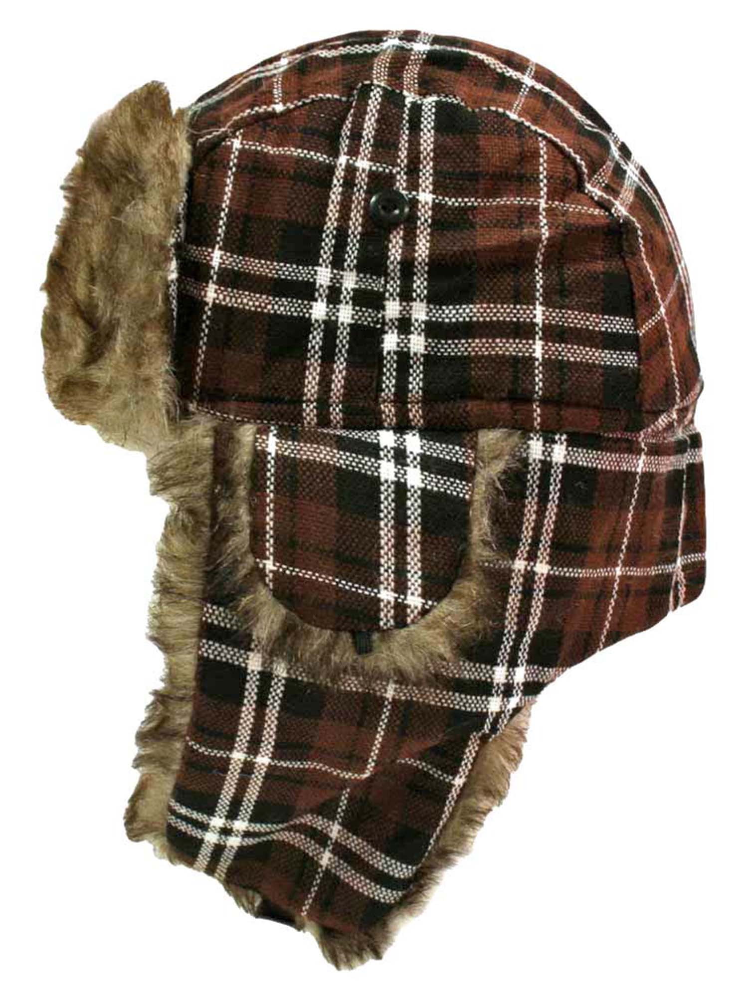 Brown Plaid Faux Fur Lined Trapper 
