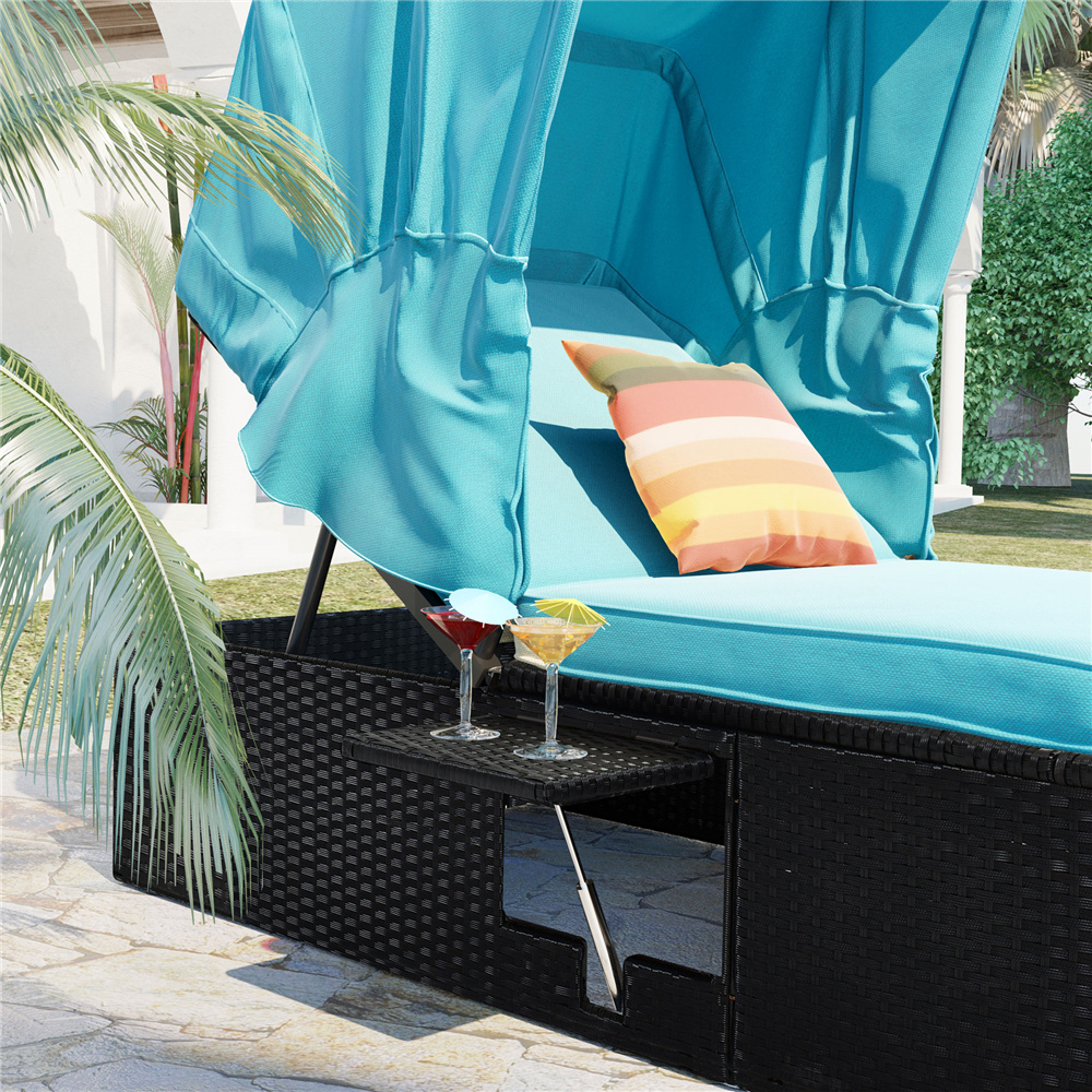 Chaise Lounge Chair, Single Patio Chaise Lounge Chair with Canopy/Adjustable Back, PE Rattan Reclining Lounge Chair for Beach, Backyard, Porch, Garden, Pool, Black Wicker+Blue Cushion, LLL4233 - image 2 of 9