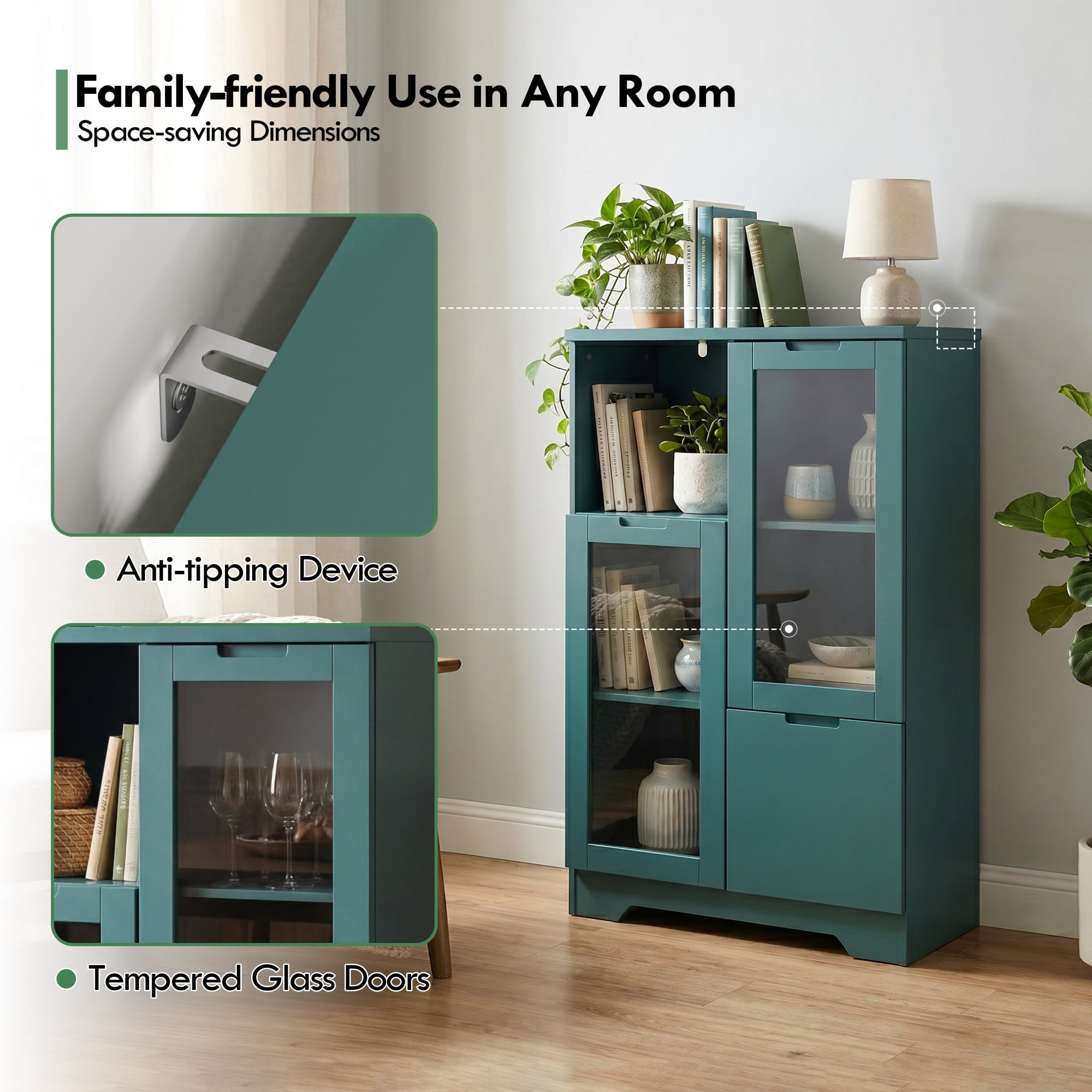 Leumius Sideboard Cabinet with Storage,Buffet Cabinet with Glass Doors & Drawer,Open Storage Cabinet for Living room,Green