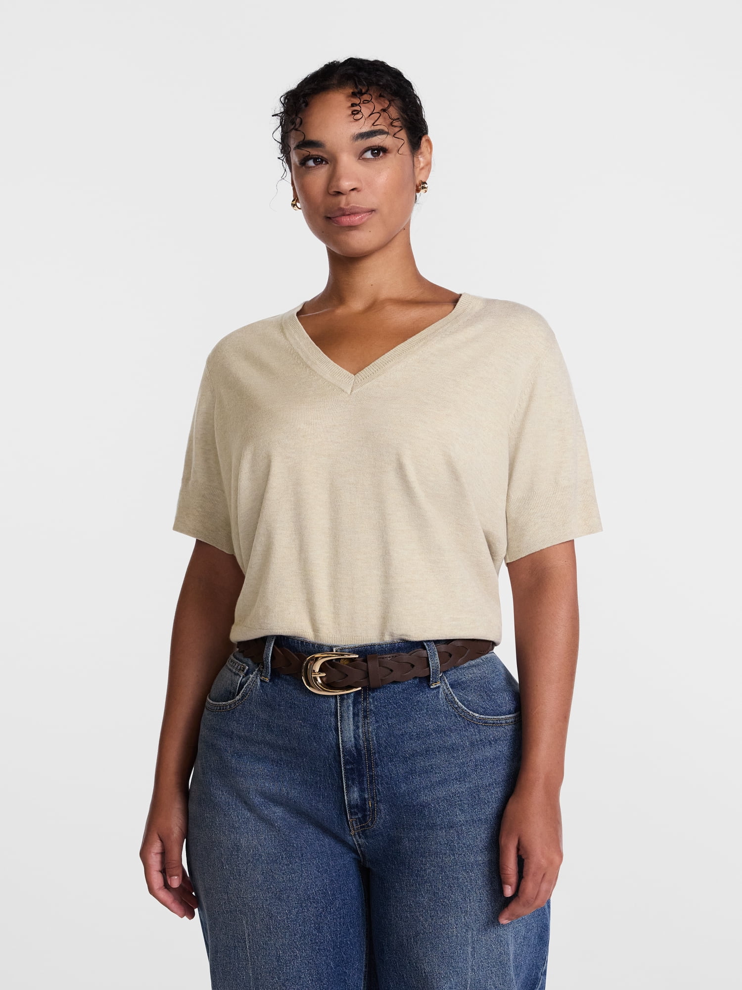 Scenario Women's V-Neck Lightweight Sweater with Short Sleeves, Sizes XS-XXXL