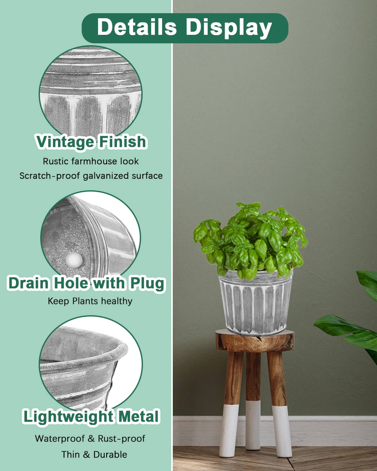 6 Inch Silver Metal Rustic Flower Pots - 6Pcs Galvanized Planters with Drainage Hole and Rubber Plug, Rustproof Metal Bucket Plant Pots Farmhouse Vintage Style for Decor