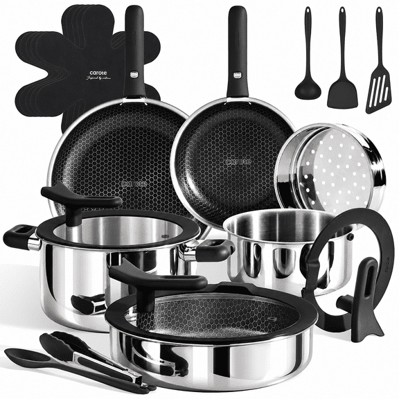 CAROTE 21 Piece Detachable Stainless Steel Cookware Set, Non-Stick Hybrid Ceramic Pots and Pans, Induction Compatible