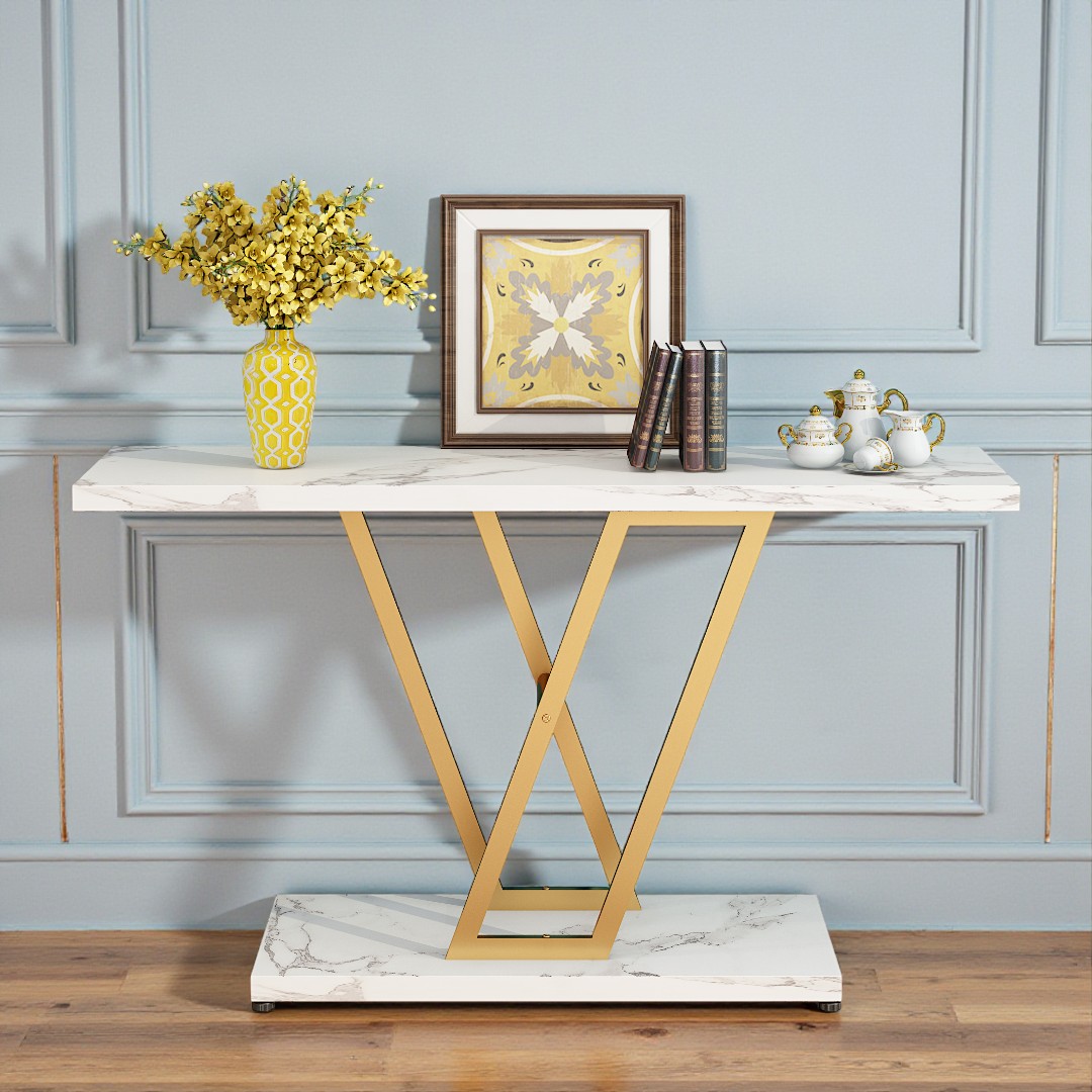 IVV Modern Console Table, 42.1 Inch Sofa Table with Gold Metal Base, 2-Tier Long Skinny Table for Hallway, Entryway, Living Room, Foyer