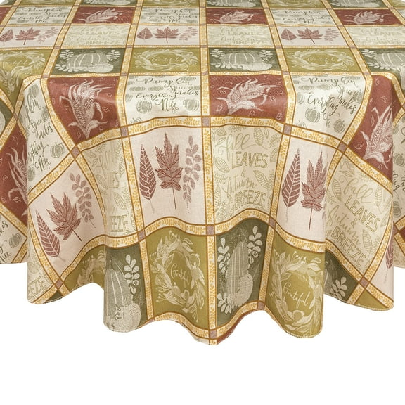 Thanksgiving Harvest Breeze Jacquard Patchwork 70 inch Round Vinyl Flannel Backed Tablecloth