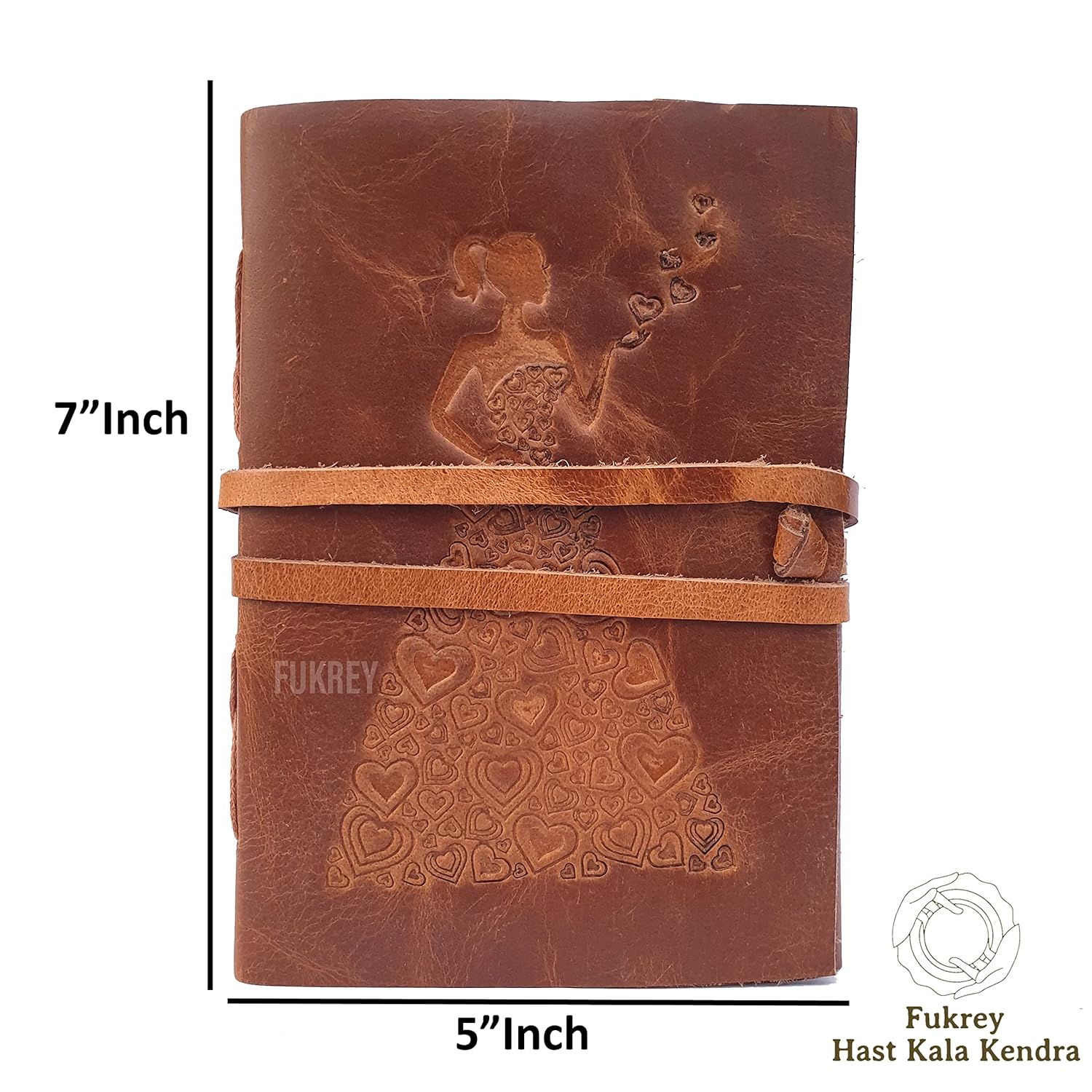 PREET - Genuine Handmade Leather Diary, Embossed Princess with Heart Design Antique Diary, Unlined Paper Travel Diary and Notebooks for Men and Women, 240 Pages, 125 GSM - 7 x 5 Inches - (Brown)