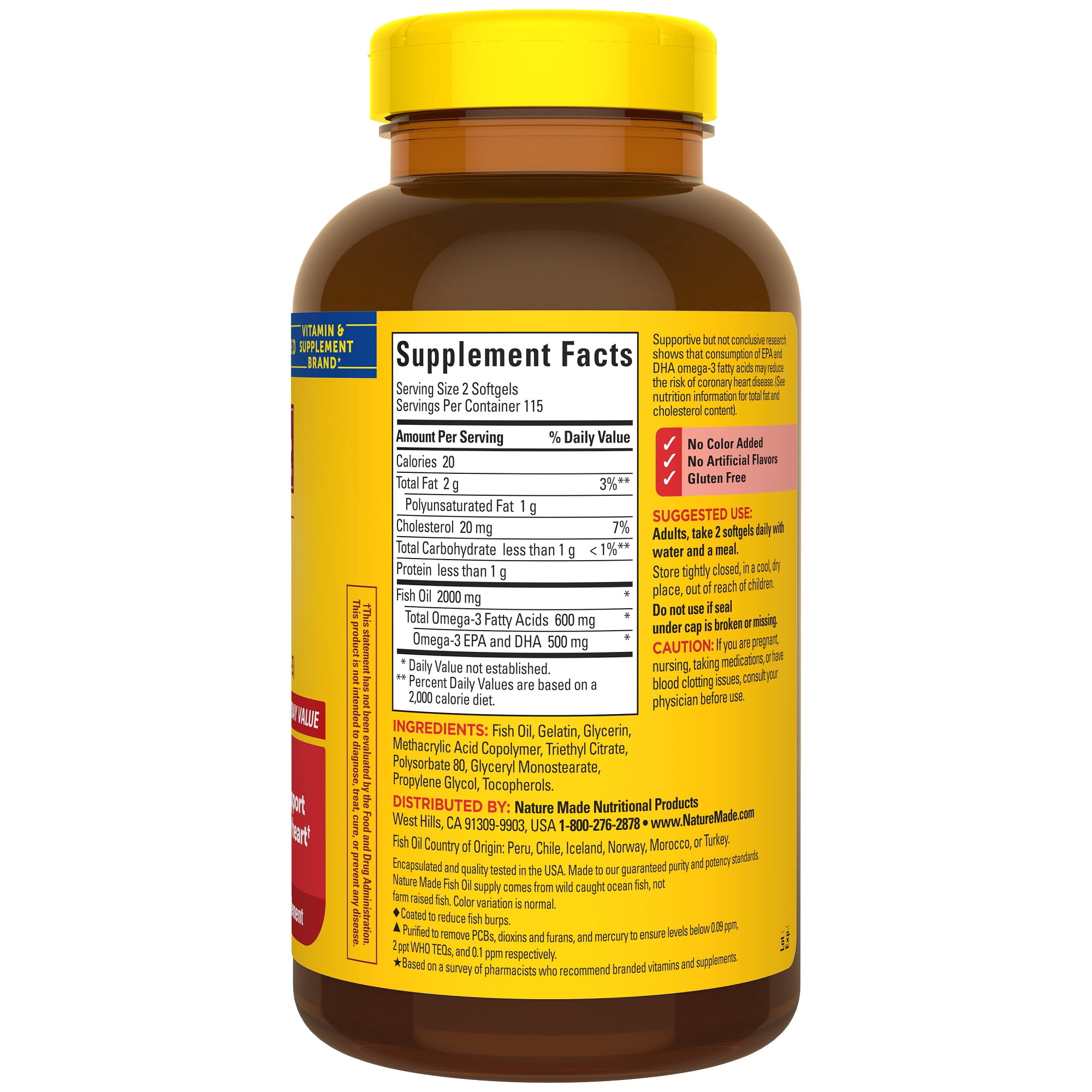 Nature Made Burp Less Fish Oil 2000 mg per Serving Softgels, Omega 3 Fish Oil Supplements, 230 Count