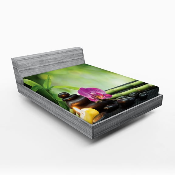 Ambesonne Spa Themed Fitted Sheet, Orchid Leaves and Rocks, California King, Apple Green and Fuchsia