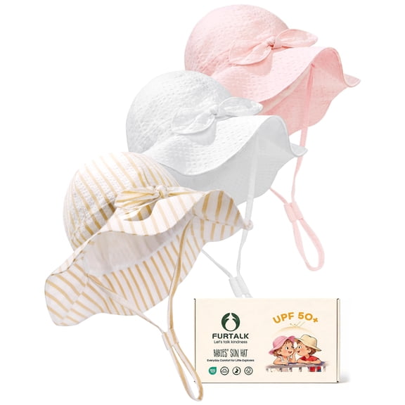 FURTALK 3 Pack Baby Sun Hat Toddler Beach Hat Girls UPF 50 Wide Brim Infant Kids Summer Adjustable Sun Protection