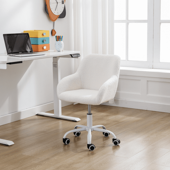 Dayalane Kids Desk Chair, Adjustable Swivel Faux Fur Study Chair with Armrests, Comfy Upholstered Computer Chair for Boys and Girls, Cute Computer Chair for Children, White