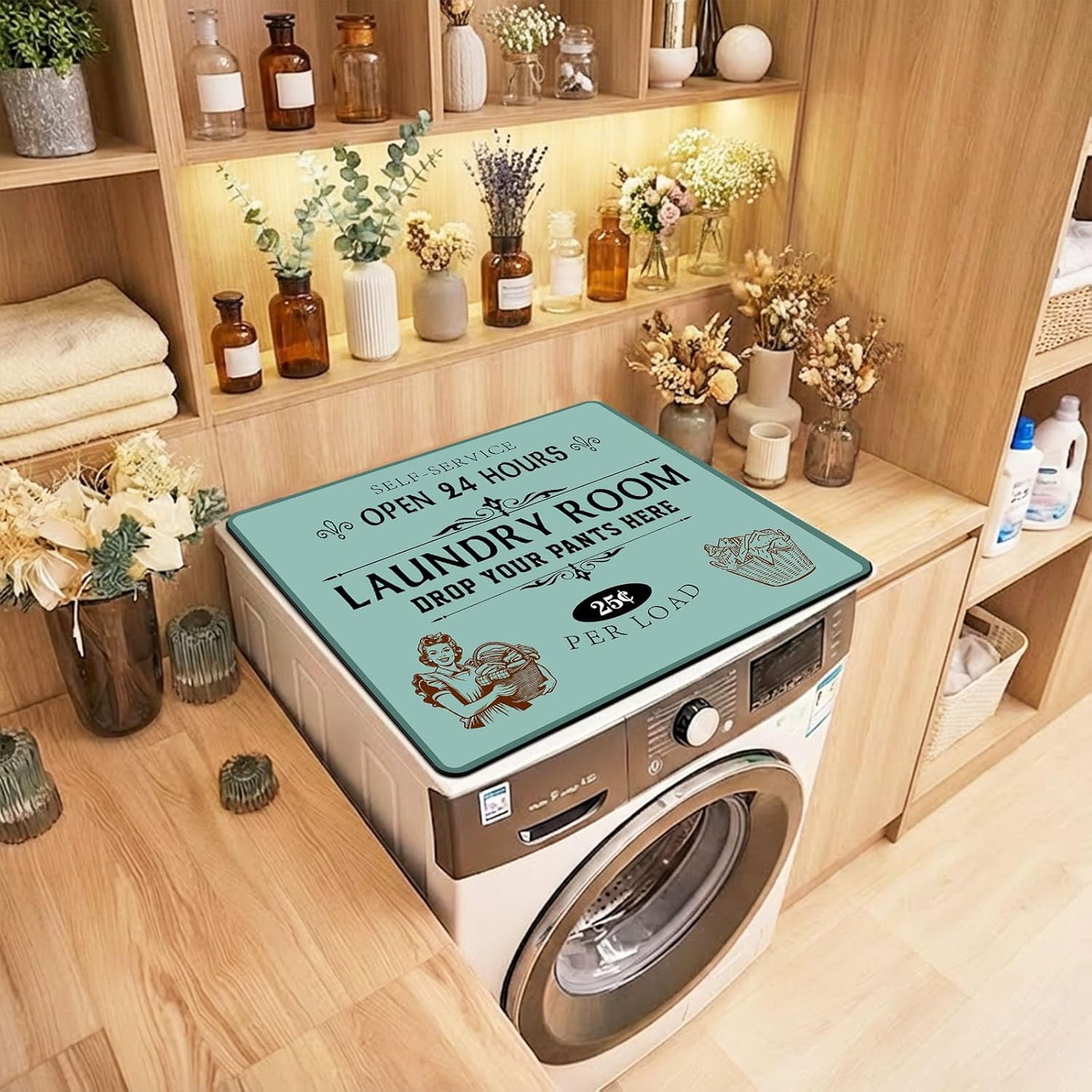 Non-Slip Washer & Dryer Top Cover Protector Mat Dust-Proof Washing Machine Cover Pad With Vintage Teal & Green Laundry Sign Design Universal 23.6"x19.7" for Laundry Room & Kitchen Decor