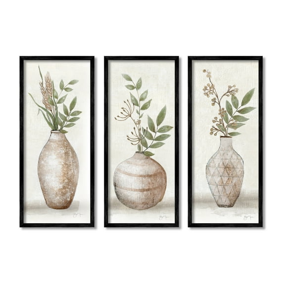 Stupell Industries Botanical Still Life Vase Ikebana Blossoms Arrangement Graphic Art Black Framed Art Print Wall Art, Set of 3, Design by Janet Tava
