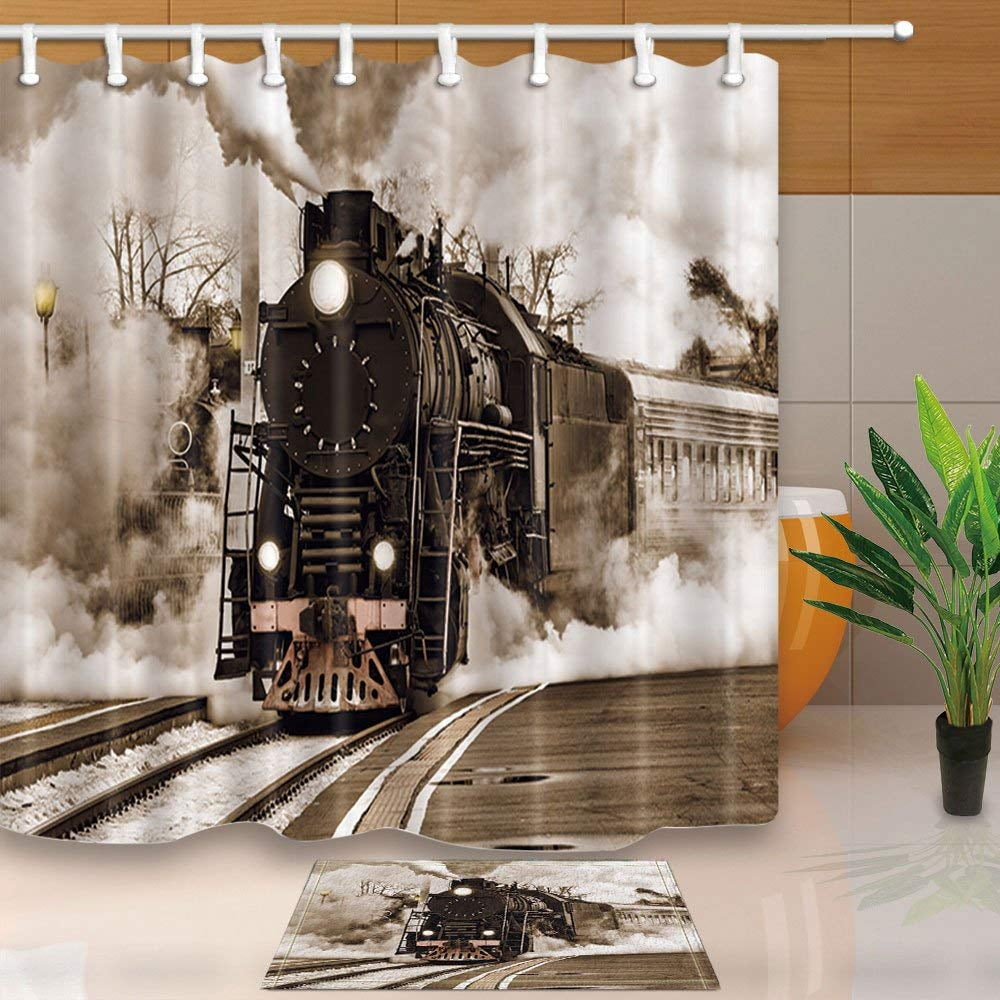 Artjia Locomotive Decor Retro Steam Train Departs From The Station Shower Curtain 66x72 Inches With Floor Doormat Bath Rugs 15 7x23 6