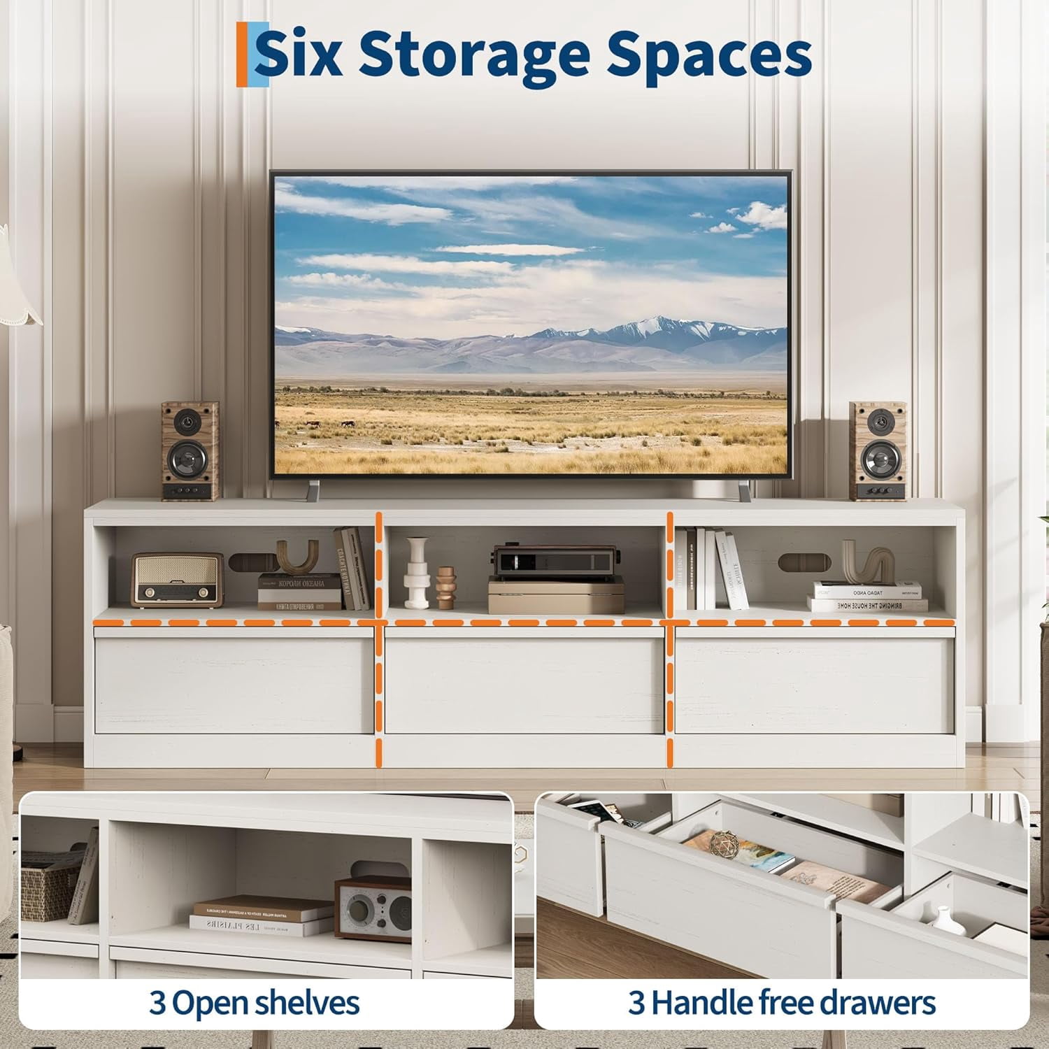 Garvee 70" TV Stand for TVs up to 85", Mid Century Modern Entertainment Center with Drawer, Open Shelves & Cable Management, White