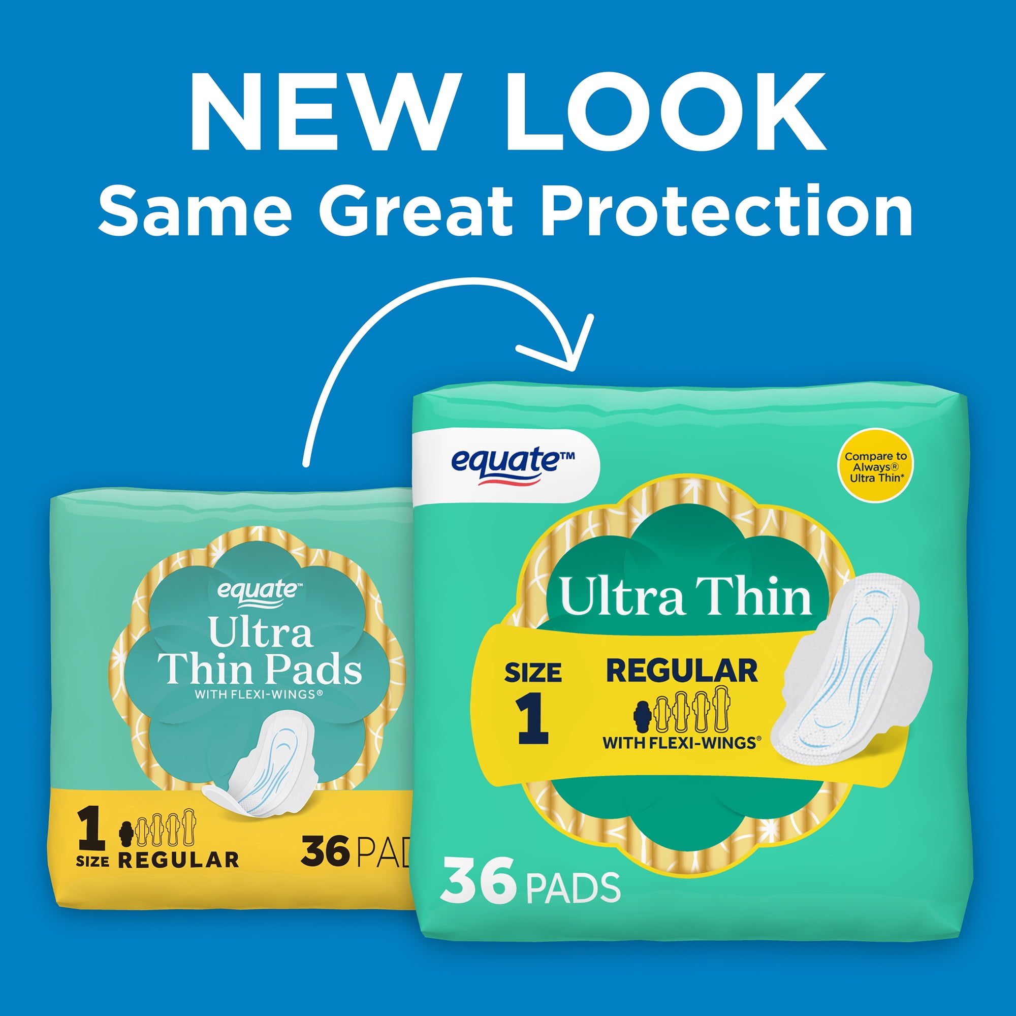 Equate Ultra Thin Pads with Flexi-Wings, Regular Absorbency, Size 1, 36 Count