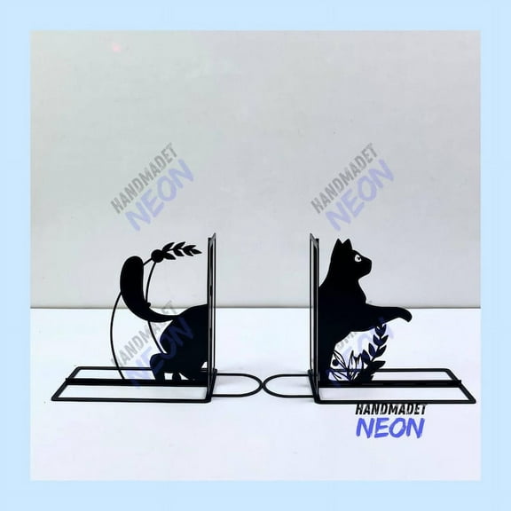 Handmadetneonsign Cute Cat Metal Bookends, Cat Table Bookshelf Decor, Animal Metal Desk Decor 92039