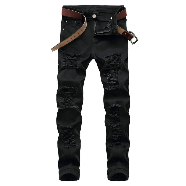 Men's Ripped Jeans Slim Fit Plaid Lining Denim Pants Distressed Tapered Leg  Jeans with Holes