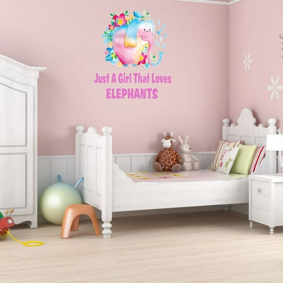 Watercolor Decal Just A Girl That Loves Elephants Living Room Wall Decal for Family Multicolored Flowers Inspirational Quote Cute Themed Room Decal - Size: 9 In x 10 In