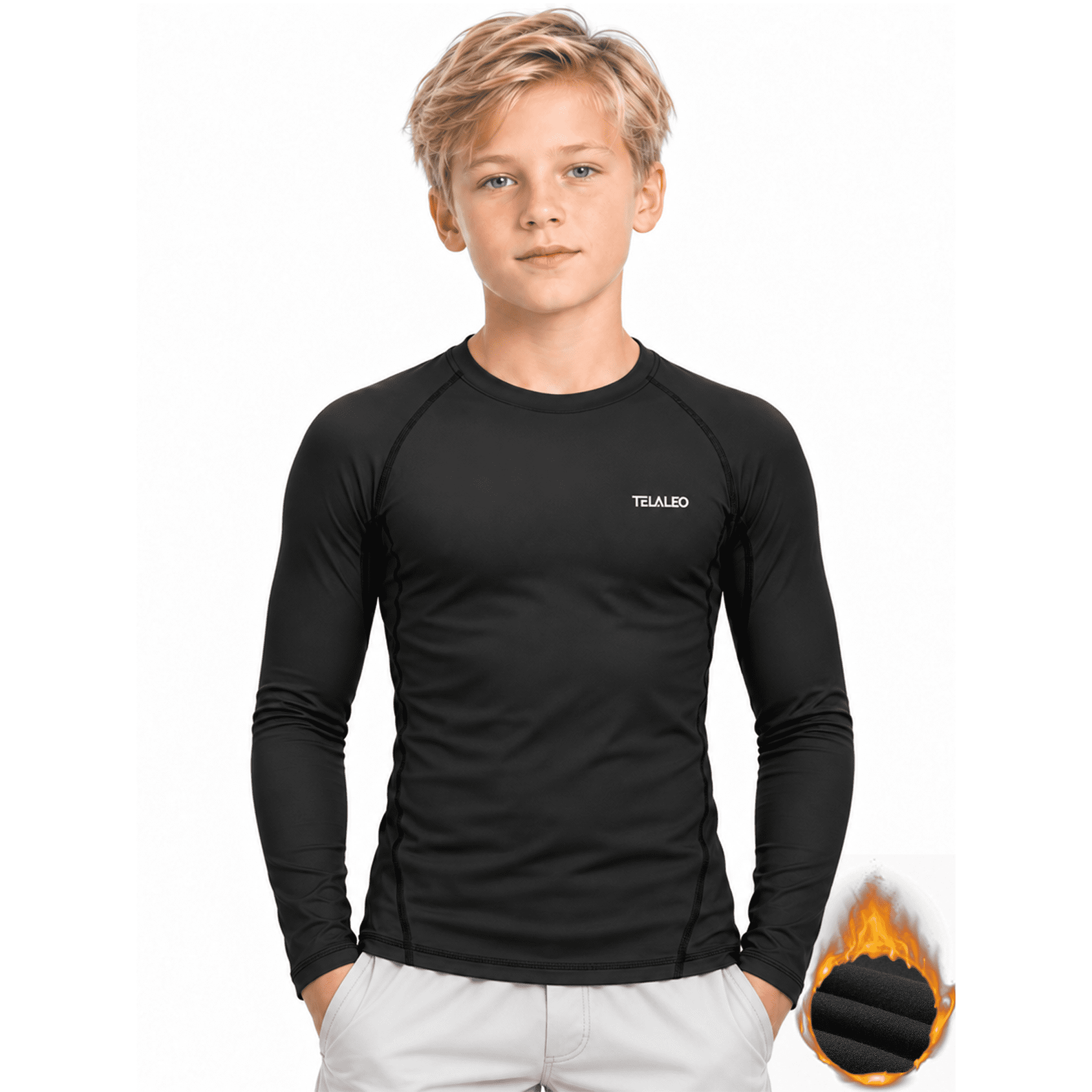 TELALEO Boys Fleece Lined Thermal Compression Shirt Long Sleeve Crew Neck Athletic Base Layer for Cold Weather Black Size M