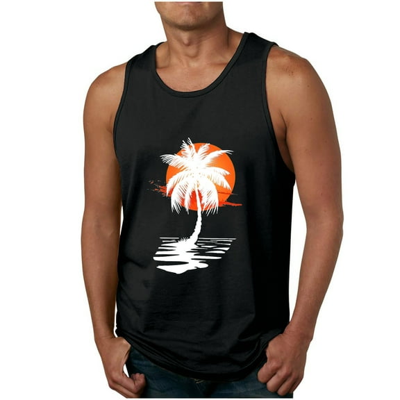 ZCFZJW Men's Bodybuilding Tank Top Casual Summer Tropical Palm Tree Print Workout Muscle Tank Sleeveless Graphic Gym Tees Shirts Black XL