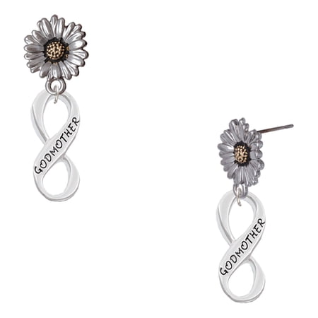 Delight Jewelry Silver-tone Godmother Infinity Sign – Two-tone Daisy Flower Post Earrings