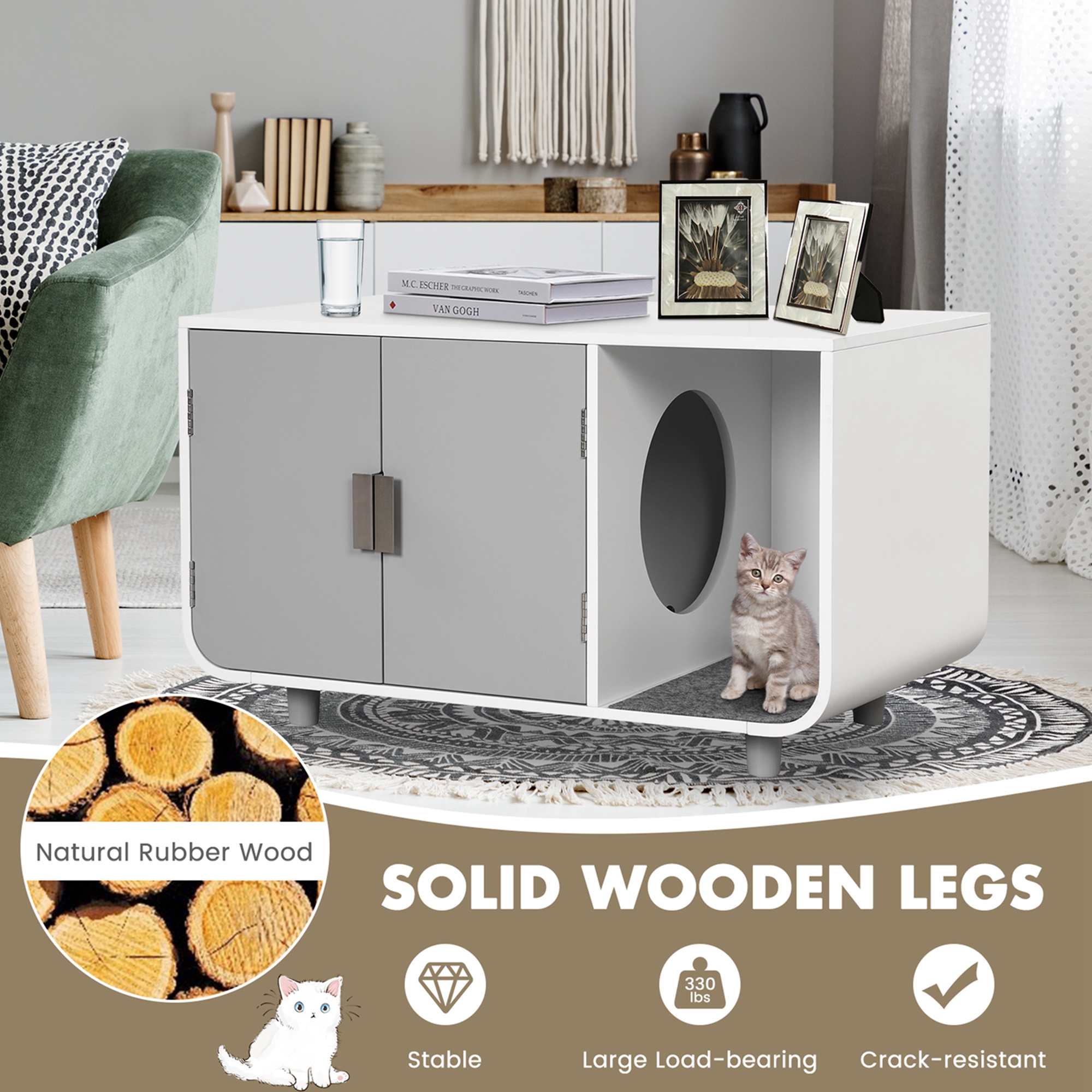 Costway Cat Litter Box Enclosure Furniture Hidden Cat Washroom with Rubber Wood Legs