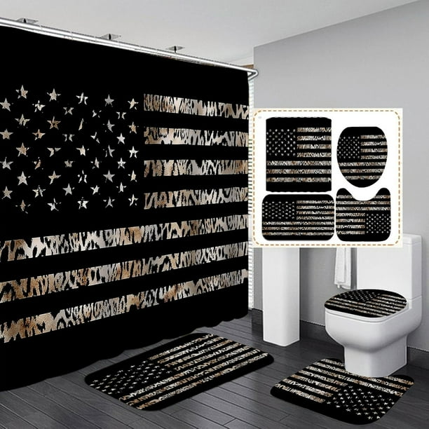 Juego de 4 cortinas de ducha con estampado de leopardo y bandera estadounidense, decoración de baño patriótica con estampado de guepardo y piel de animales de safari africanos, cortina de ducha