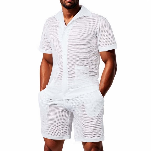 hotojiny Men's 2 Piece Set Summer Beach Outfits Breathable Hollow out Mesh Button down Shirts Shorts Set Casual Tracksuit(White,X-Large)