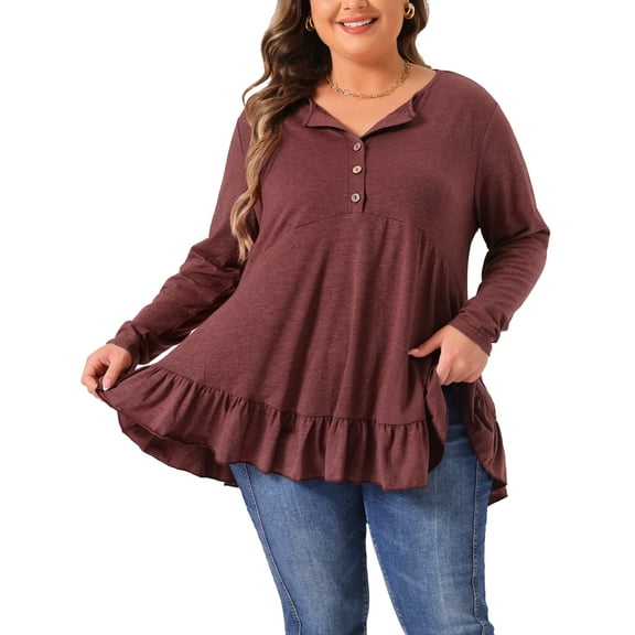 DARING DIVA Women's Plus Size Tunic Button Henley Blouses 1X Burgundy