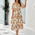 thumbnail image 1 of Femmes Plage Midi Robe Florale Imprimé Puff Manches Mode Été Plissée Robe, 1 of 7